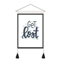 Close-up of a minimalist white tapestry featuring blue Get Lost lettering and black tassels - 35x50cm / Get lost (Style 11)