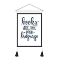 Detail of wooden hanger frame wall art with blue typography and black decorative tassels - 35x50cm / books ARE my LOVE language (Style 18)