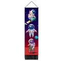 Detailed view of astronaut tapestry with wood pole and black tassel decorations - 32.5x130cm / Astronaut Riding & Beer Barrel Style (Style 1)