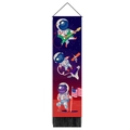 Detailed view of astronaut tapestry with vertical comic scenes and black fringe tassels - 32.5x130cm / Astronaut Playing Guitar & Space Walk Style (Style 2)