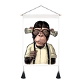 Detail of artistic chimpanzee canvas wall hanging with wooden pole and black tassels - Standard Size / Money in Ears Chimpanzee (Style 3)