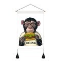 Detail of canvas tapestry with colorful ape illustration, wooden rod and black tassels - Standard Size / Chimpanzee Eating Burger (Style 4)