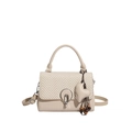 Elegant cream woven crossbody bag with round metal lock and heart charm detail - Khaki