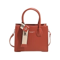 Brick red textured leather tote bag with stylish vertical stripes and top handles - Orange