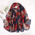 Floral print voile scarf in navy blue with red and khaki blossoms for women - Navy Blue
