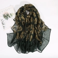 Close-up of lightweight dark green floral scarf with large golden flower patterns - 180*85CM / Dark Green