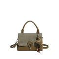 Olive green plaid crossbody bag with leather stitching and metal ring hardware - Green