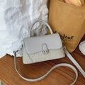 Gray and beige textured patchwork handbag with silver twist lock and shoulder strap - Gray