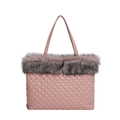 Quilted pink tote bag with grey faux fur trim and classic rhombic stitching design - Pink