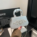 Silver glitter evening clutch bag with diamond rhinestones and metal handle - Cluster Flower Style - Silver (FD3326SD)