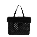 Chic black quilted tote bag with faux fur trim and dual leather shoulder straps - Black