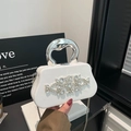 White hard shell evening clutch with rhinestone embellishments and silver metal handle - Cluster Flower Style - White (FD3326SD)
