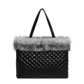 Quilted tote bag in black finish with grey faux fur trim and classic rhombic stitching - Black and Gray