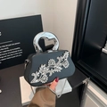 Elegant black evening bag with crystal floral pattern and silver metal handle - Vine Flower Style - Black (FD3326SD)