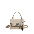 Elegante borsa a tracolla in pelle beige con patta intrecciata e chiusura a girello in argento - Cachi