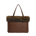 Brown quilted tote bag with dark brown faux fur trim and shiny diamond stitching - Brown