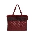 Elegant burgundy quilted tote bag with matching faux fur trim and slim handles - Red