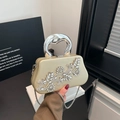 Champagne gold evening clutch with diamond floral pattern and silver metal handle - Vine Flower Style - Gold (FD3326SD)