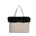 Quilted beige tote bag with black faux fur trim and elegant diamond stitching detail - White and Black