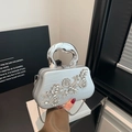 Silver satin evening clutch bag with vine-shaped rhinestones and metal handle - Vine Flower Style - Silver (FD3326SD)