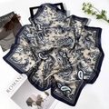 70cm navy paisley square silk scarf styled with magazine and sunglasses on white surface - Navy Blue