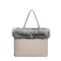 Quilted beige tote bag with grey faux fur trim and dual handles for winter styling - White & Gray