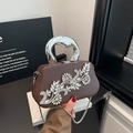 Brown acrylic evening bag with sparkling crystal flower pattern and silver metal handle - Vine Flower Style - Brown (FD3326SD)