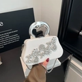 Elegant white evening clutch bag featuring silver crystal floral motifs and metal handle - Vine Flower Style - White (FD3326SD)
