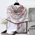 Detail of elegant paisley satin scarf with silky texture draped on a casual white top - 180x90cm / Coffee