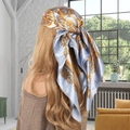 Blue satin silk square scarf with gold baroque print tied as a headband on blonde hair - Grey Blue Baroque Gold Pattern (Style 2)