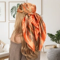 Elegant orange satin square scarf with baroque floral patterns worn as a headscarf - Orange Baroque Scroll Pattern (Style 3)