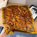 Detail of vintage gold silk square scarf with baroque floral pattern and smooth texture - 70x70cm / Auspicious