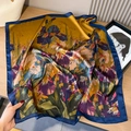 Close-up of artistic iris flower print silk scarf with deep blue rolled edges on wood - 70x70cm / Abundant Flowers
