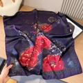 Detail of vintage floral silk scarf featuring red peony patterns on deep purple satin - 70x70cm / Peony