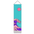 Detailed macro view of Japanese fabric scroll with Ukiyo-e waves and wooden hanging rod - 32.5x130cm / Purple Wave And Pink Sun Style (款式6)
