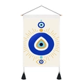 Artistic Evil Eye wall tapestry with blue patterns, wooden rod and black tassels - Hamsa Hand Evil Eye (Pattern 1) / 35x50cm