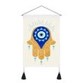 Evil Eye Hamsa Hand canvas wall hanging with wooden rod and black tassel decor - Geometric Evil Eye Array (Pattern 2) / 35x50cm