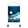 Modern wall tapestry with blue night sky, moon, and snowy mountain landscape with tassels - 35x50cm / Deep Blue Snow Mountain Pine Forest (Style 23)