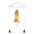 Detailed view of Gera goddess tapestry with wooden rod and black hanging tassels - 35x50cm / Hera