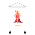 Detail of Aphrodite wall scroll with cartoon art, wooden bar, and black silk tassels - Aphrodite