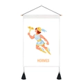 Detail of cartoon Hermes Greek god print on white fabric wall scroll with tassels - Hermes