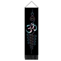 Detailed view of black tapestry with gold Om symbol, spiritual patterns and black tassels - 32.5x130cm / Style 1-Om Symbol Style