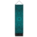Detail of teal mandala wall tapestry featuring black floral patterns and tassel trim - Dark Teal Black Mandala (Style 3) / 32.5x130cm