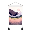 Nordic tapestry featuring abstract blue mountains, pink moon and gold lines with black tassels - 35x50cm / Pink Moon and Overlaid Mountains (Style 10)