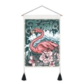 Dettaglio di arazzo con fenicotteri rosa con asta in legno e decorazioni a nappe - 35x50cm / Fenicottero Ibisco Onde (Stile 3)