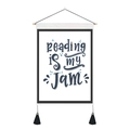 White fabric wall tapestry with wood bar featuring Reading is my Jam text and tassels - 35x50cm / Reading is my Jam (Style 17)