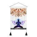 Detail of meditation tapestry featuring mandala patterns, wooden rod, and black tassels - Orange Purple Zen Mandala (Style 5)