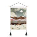 Abstract landscape wall tapestry with mountains, sunrise, wood rod and black tassels - 35x50cm / Modern Abstract Mountain Mist (Style 13)