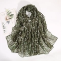Écharpe en coton et lin vert olive pour femme avec imprimé floral rétro élégant - Vert Armée