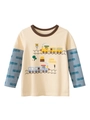 Kids long sleeve patchwork T-shirt with blue train prints and cartoon station graphics - 90cm / Beige Apricot